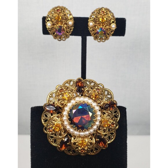 Vtg West Germany Aurora Borealis Amber Topaz Rhinestone Faux Pearl Brooch Set - Picture 2 of 16